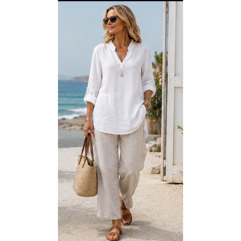 Rosemarine Made in Italy 100% Linen Tunic Sz M White Ruffle Lagenlook Coastal
